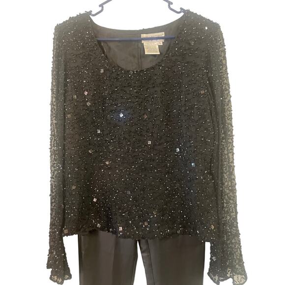 Papell Boutique Black Evening Beaded Long Sleeve Blouse Size Large - Picture 3 of 8